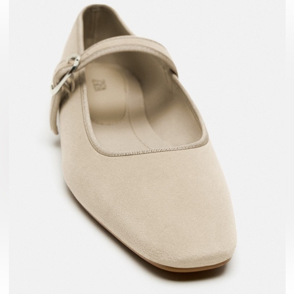 Zara Flat ballet Velvet Mary Jane Shoes Buckled strap comfort Sole Taupe Neutral - Picture 8 of 15